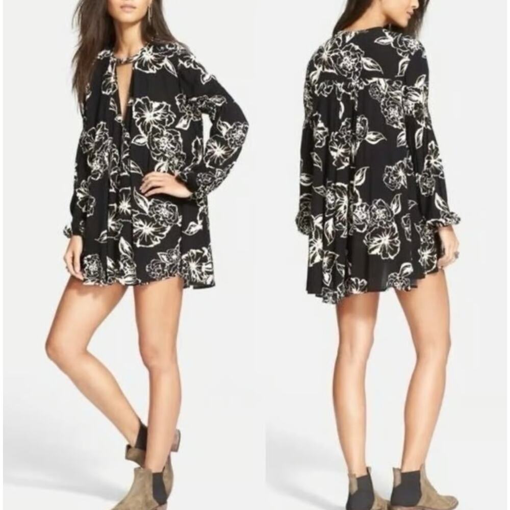 Free People Snap Out of It Swing Tunic Shirt Dress Black Cream Floral XS Boho